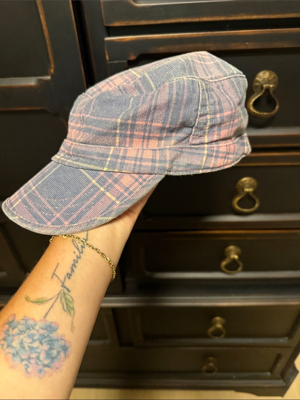 Plaid Cotton Cadet Cap - Pink & Blue